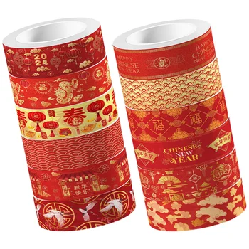 12 ролки Washi лента китайски Нова година стил червен комплект 2024 пролетен фестивал ленти DIY етикет Скрапбукинг дракон декор Изображение