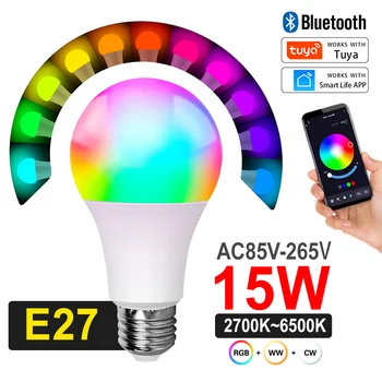 15W E27 безжична Bluetooth интелигентна крушка RGB CW WW LED лампа Tuya APP контрол цвят промяна светлина Работа с Alexa Google Home Изображение