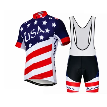 2021 Мъже Колоездачно джърси Комплект САЩ Америка Къс ръкав MTB велосипед риза яке велосипед гел лигавник шорти Maillot Ciclismo Ropa червено синьо Изображение