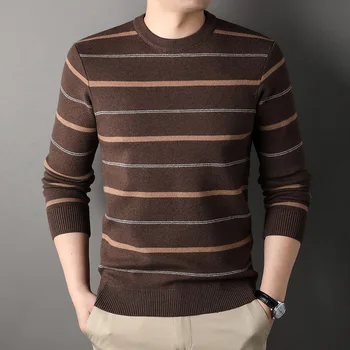 2023 Есен и зима мъжки пуловер кръг врата дълъг ръкав контраст твърда ивица трикотажен пуловер мода Commuter дъното върховете Изображение
