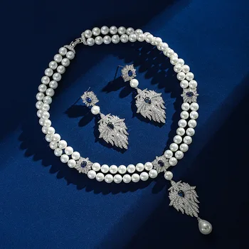 2023 Нов френски реколта диамант комплект перла цвете площад циркон огърлица мода светлина луксозна яка верига Изображение