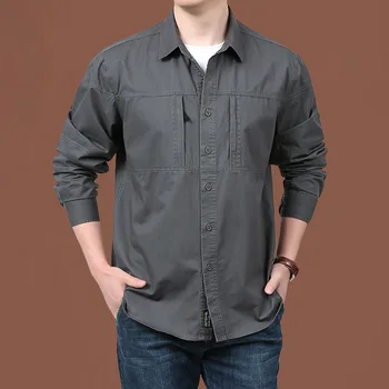 2023 Нова есен мъжки хлабав товар военен стил риза открит случайни чист памук младежка риза Изображение