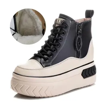 2023 Нова естествена кожа дамски обувки дантела нагоре твърди кръгли пръсти Дамски кифла еднолични ботуши есенна платформа мода обувка Botas Изображение