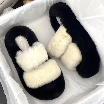 2023 Нова зимна отворена чехъл за пръсти Дамска мода Faux кожа платформа обувки случайни приплъзване на спалня дамски обувки меки външни чехли Изображение