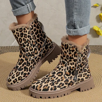 2023 Обувки за жени цип дамски ботуши зимни плюшени топли кръгли пръсти смесени цветове леопард печат средата петата вода доказателство сняг ботуши Изображение
