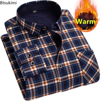 2024 Мъжки топли ризи Топ есен зима руно топло дълъг ръкав отпечатани карирани ризи Мъжки ревера върховете Ризи за мъжко облекло Изображение