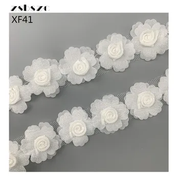 24Pcs двойни венчелистчета органза бродерия 3D мъниста цвете кръпка дантела подстригване DIY сватбена рокля воал дрехи апликация Изображение