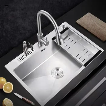 304 Кухненска мивка от неръждаема стомана с държач за ножове Многофункционална единична купа Четкана мивка за мивка за кухненско приспособление Изображение