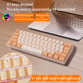 61 Key Cap Механична гейминг клавиатура Кабелна 60% ключ Type-C RGB светлина ергономична клавиатура за PC геймър геймър аксесоари Изображение
