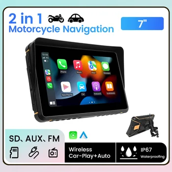 7 инчов преносим навигационен дисплей за мотоциклет кола мултимедиен плейър подкрепа безжичен Carplay Android Auto IP67 водоустойчив BT Изображение