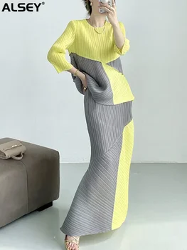 ALSEY Miyake плисирана пола комплект за жени есен нов контрастен цвят мода случайни елегантни две части комплекти женски дрехи Изображение