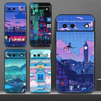 Art Pixel Естетическо аниме за Google Pixel 8 7 6 Pro 6a 5 5a 4 4a XL 5G черен калъф за телефон Мека удароустойчива обвивка Изображение