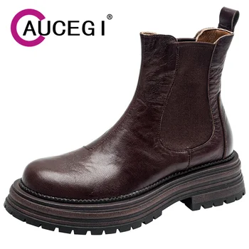 Aucegi марка дизайн мека естествена кожа кръг пръсти дебел ток Челси глезена ботуши жени есен зима ежедневни обувки черен кафяв Изображение