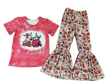 Boutique бебе и малко дете момиче облекло лято розов костюм каска печат къси ръкави разкроени панталони 2-парче комплект бебе малко дете комплект Изображение