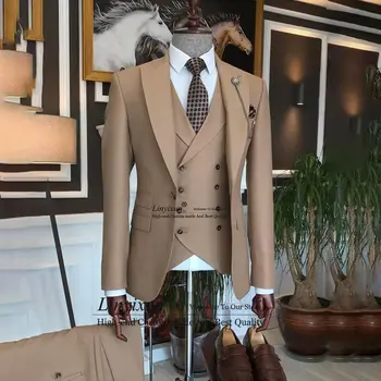 Casual Men Slim Fit Suits Peaked Lapel Groom Wedding Tuxedos Официален бизнес офис Blazer 3Pieces Set terno masculinos completo Изображение