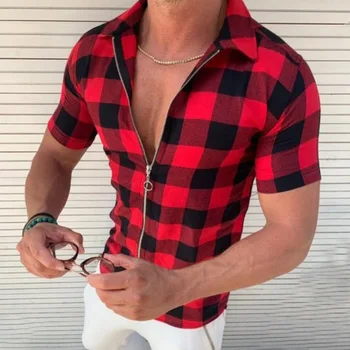 Casual мъжки дизайнерски дрехи ризи и блузи мъжки ревера каре отпечатани тънък мода цип жилетка къс ръкав риза Изображение