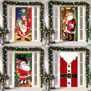 Christmas Elves Door Cover Празничен фон банер за врати на парти къща - кошмар преди Коледа Външни декорации Подпори Изображение