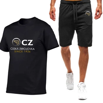 CZ Ческа Збройовка 2023 Мъжки нови летни горещи висококачествени печатни памучни къси ръкави T ризи Tops+ Къси панталони Ежедневни спортен костюм Изображение