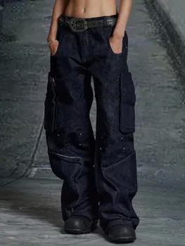 Dark Avant-Garde Style Techwear Deconstructed Design Pocket Wide-leg Overalls Washed Jeans For Men And Women Изображение