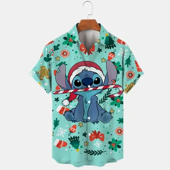 Disney Stitch Коледни хавайски ризи Мъжка дамска ежедневна плажна риза Disney хавайска риза с къс ръкав Изображение