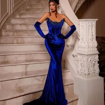 FDY Кралско синьо кадифе вечерни рокли дълги ръкави U врата кристал Дубай арабски жени официални парти рокли специална абитуриентска рокля Изображение