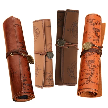 for Creative Roll Up Leather Pencil Pouch Pirate Treasure Map Pattern Pen for CASE Brushes Holder for School Work W3JD Изображение