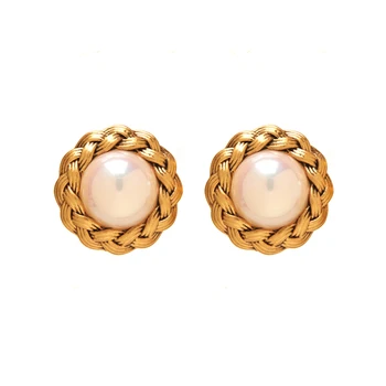 Fraya Нови кръгли перлени обеци за жени S925 стерлинги сребърен щифт 18K позлатени модни темперамент луксозни бижута Изображение