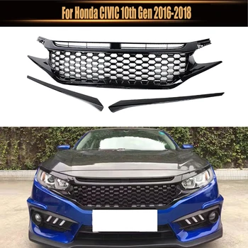 Front Bumper Hood Mesh Racing Grill Grills ABS Glossy Black Grille With 2 Вежди За Trims За Honda CIVIC 10th Gen 2016-2018 Изображение