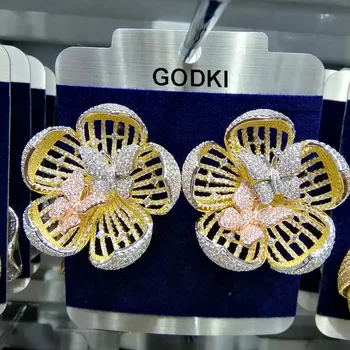 GODKI Luxury BIG 3 Tone Butterfly Fly Flower Stud обеци за жени Сватба кубичен циркон CZ Индийски булчински обеци Бохемия Hot Изображение
