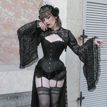 Goth New 2023 Тъмен готически стил Дамски разкроен ръкав Loose Sexy Lace Hollow Buttoned Silk Blouse Women Изображение