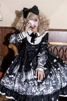 Gothic Girly Diablo Lolita японска рокля Peter Pan яка сладък лък Kawaii къдри пълен ръкав печат готически Loli рокля Изображение