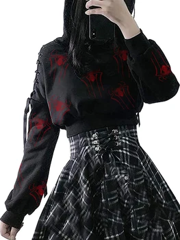 Gothic Oversized Spider Web Hoodie за жени и мъже - Full Zip Up Punk Jacket с Y2K графичен дизайн Harajuku Streetwear Изображение
