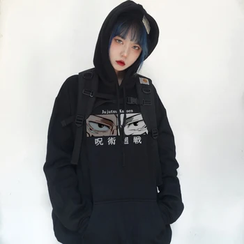 Harajuku аниме Jujutsu Kaisen жените случайни извънгабаритни качулки готически пънк отпечатани тъмни очи женски Y2K пуловери върховете суитчър Изображение