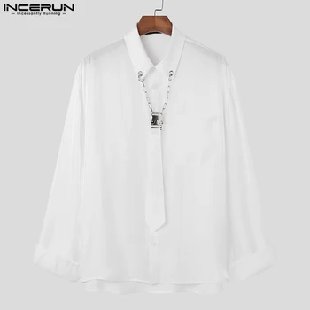 INCERUN върхове 2023 американски стил нови мъже мода ярка верига вратовръзка дизайн риза случайни мъжки твърди дълъг ръкав ревера блуза S-5XL Изображение