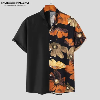 INCERUN върхове 2023 корейски стил мъжки ретро твърди пачуърк мастило цвете печат блуза случайни празник къс ръкав ризи S-5XL Изображение