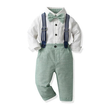 Kids Baby Boy Gentleman Clothes Set Дълъг ръкав Bowtie Tops и Suspender Pants 2PC Outfit Toddler Boy Clothes Outfit Изображение