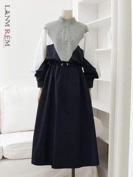LANMREM шнур събрана талия рокля Дамска стойка яка пачуърк контраст цвят A-line рокли корейски дрехи 2024 32D763 Изображение