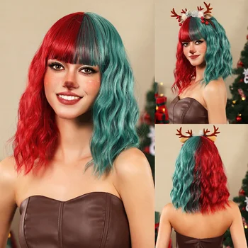 Lolita Къса вълнообразна къдрава перука за коса Наполовина червена половин зелена цветна перука за жените Коледа Хелоуин Cosplay костюм парти перуки Изображение