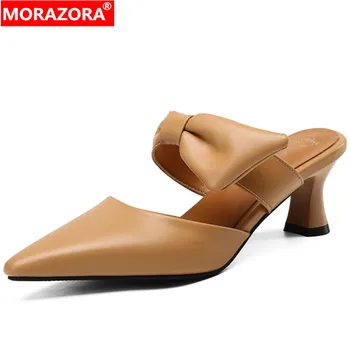 MORAZORA 2023 Нов размер 32-46 заострени пръсти микрофибърни обувки жени чехли дебели високи токчета чехли мода дамски летни обувки Изображение