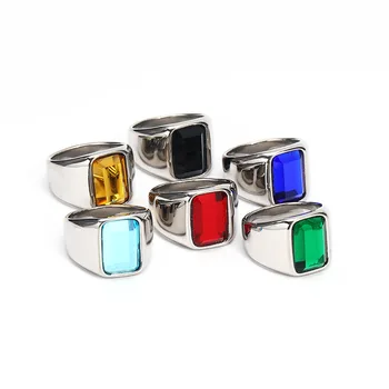 Punk Rock Solid Titanium Steel Square Stone Finger Ring Men Signet Rings Fashion Jewelry Silver Color Never Fade Size 7-13 Изображение