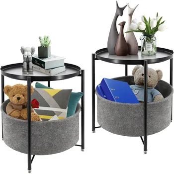 QEWEEQ Комплект нощно шкафче от 2, метална странична маса с кошница за съхранение на плат за хол, спалня, детска стая, пране, черно Изображение