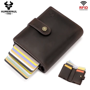 RFID Двойна кредитна карта притежател случай луд кон кожа Автоматично Push Smart Wallet за карти и монети сигурност алуминиева чанта Изображение