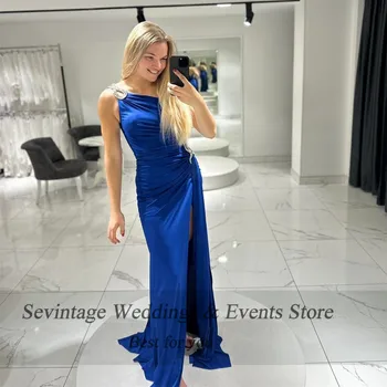 Sevintage Royal Blue сатен бала рокля русалка едно рамо пайети висока цепка вечерна рокля vestidos para eventos especiales Изображение
