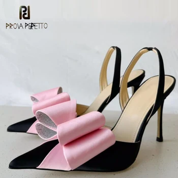 Silk Ladies Big Crystal Bowtie Pointed Toe Shoe Slingback Sexy Pink Black Party Shoe Wedding Sapatos Mujer Bling Bling Sandal Изображение
