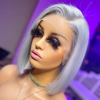 Soft Preplucked Glueless Ash Blonde Gray Short Bob Silky Straight 180% Density Lace Front Wig For Black Women Babyhair Daily Изображение