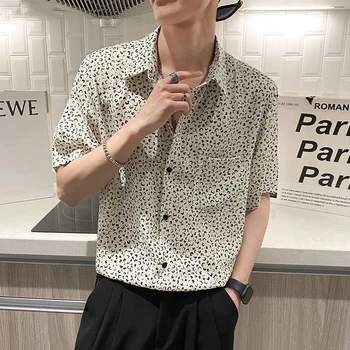 Summer цветен печат къс ръкав мъжки ризи мода бизнес случайни личност 2xl извънгабаритни дрехи офис ежедневно черно бяло Изображение