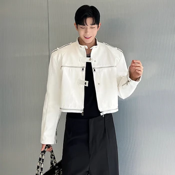 SYUHGFA тенденция мъжки пачуърк кожени якета корейски стил оригинален ниша дизайн луксозен кратко палто Mulit цип стойка яка Изображение