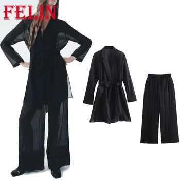 TRAF 2023 Есен жени черен блейзър костюм хлабав колан дълги якета + еластична талия дълъг широк крак панталони случайни елегантни модни комплекти Изображение