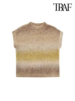 TRAF жените мода градиент цвят мека плета жилетка пуловер реколта о врата кратко без ръкави женски пуловери шик върховете Изображение