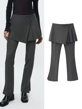 TRAF мода жени твърди плисирана пола панталони 2023 случайни пристъп дълъг панталон реколта офис дами страничен цип Streetwaear Изображение